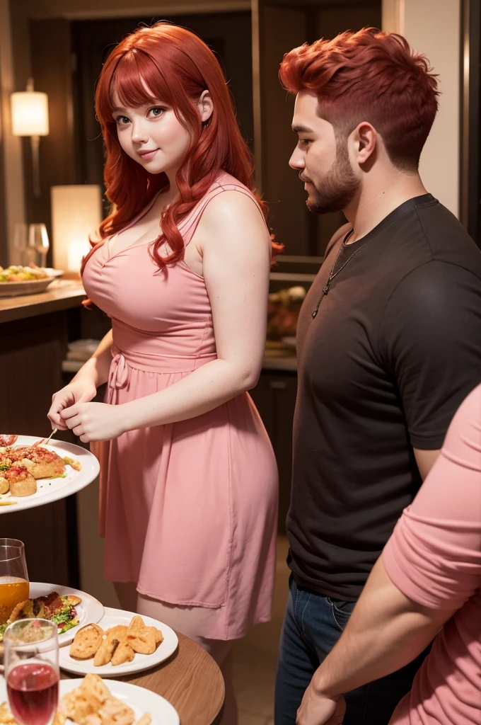 A man asking a chubby girl with red hair in a pink dress at family dinner 