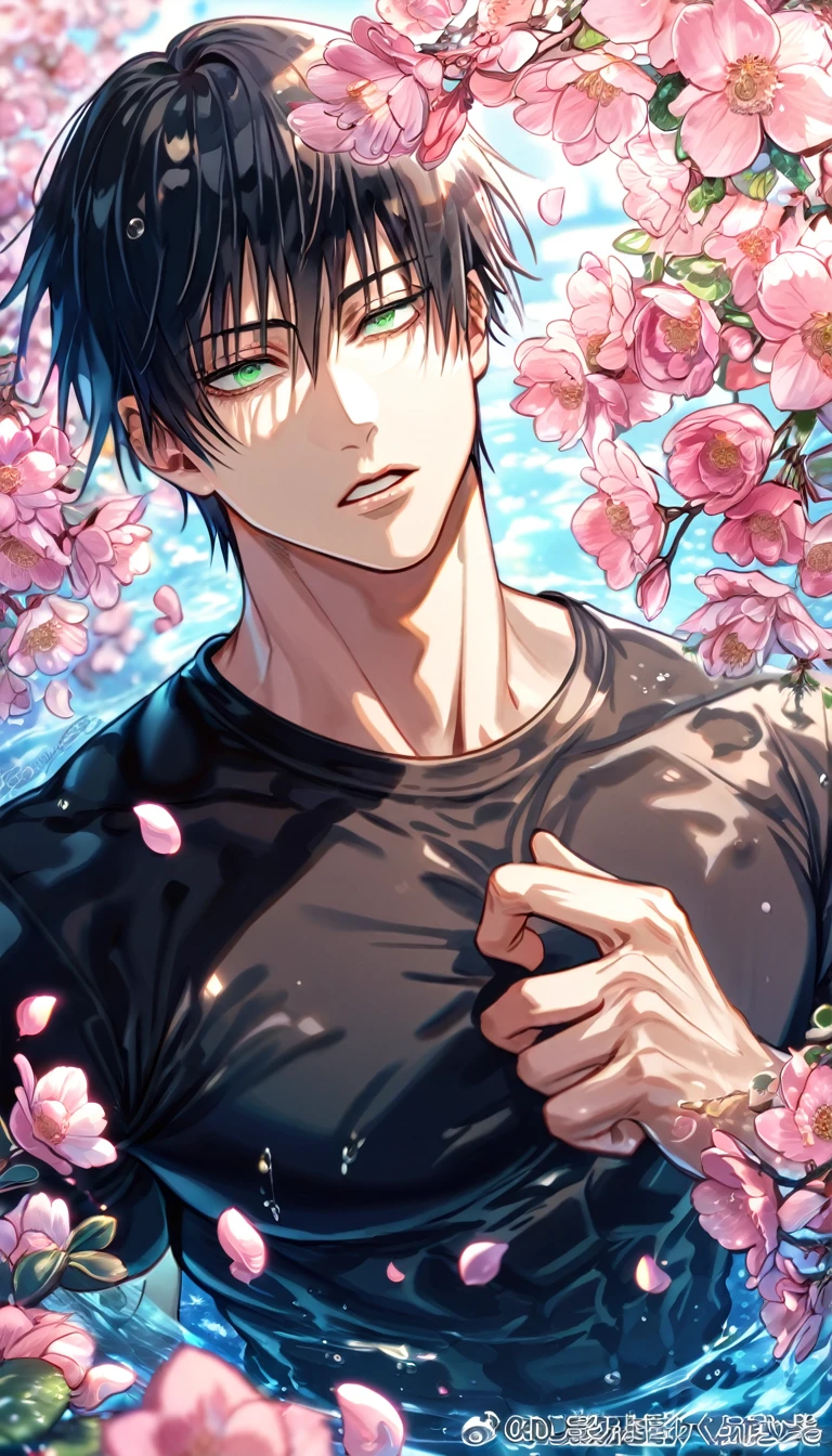 absurdres, highres, ultra detailed, HDR, master piece, best quality, Fushiguro Touji, straight black hair, expressive green eyes, Jujutsu Kaisen, solo, sexy man, handsome, black tight T-shirt, fantasy, shining, water, pink flowers, pink blossoms, pink petals