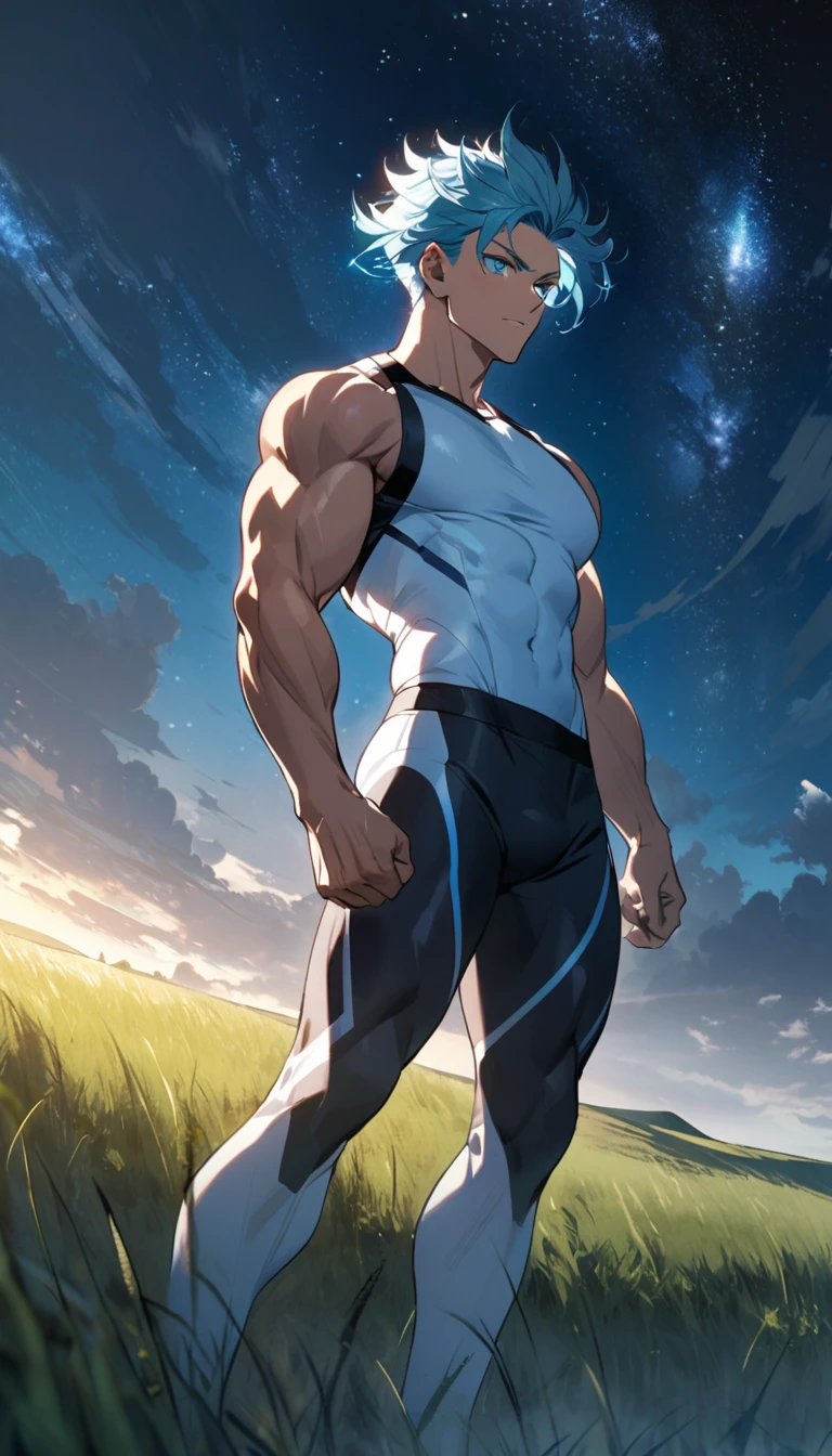 A muscular man wearing a sky blue and white fitness outfit,Cool hairstyle,grassland,Starry Sky