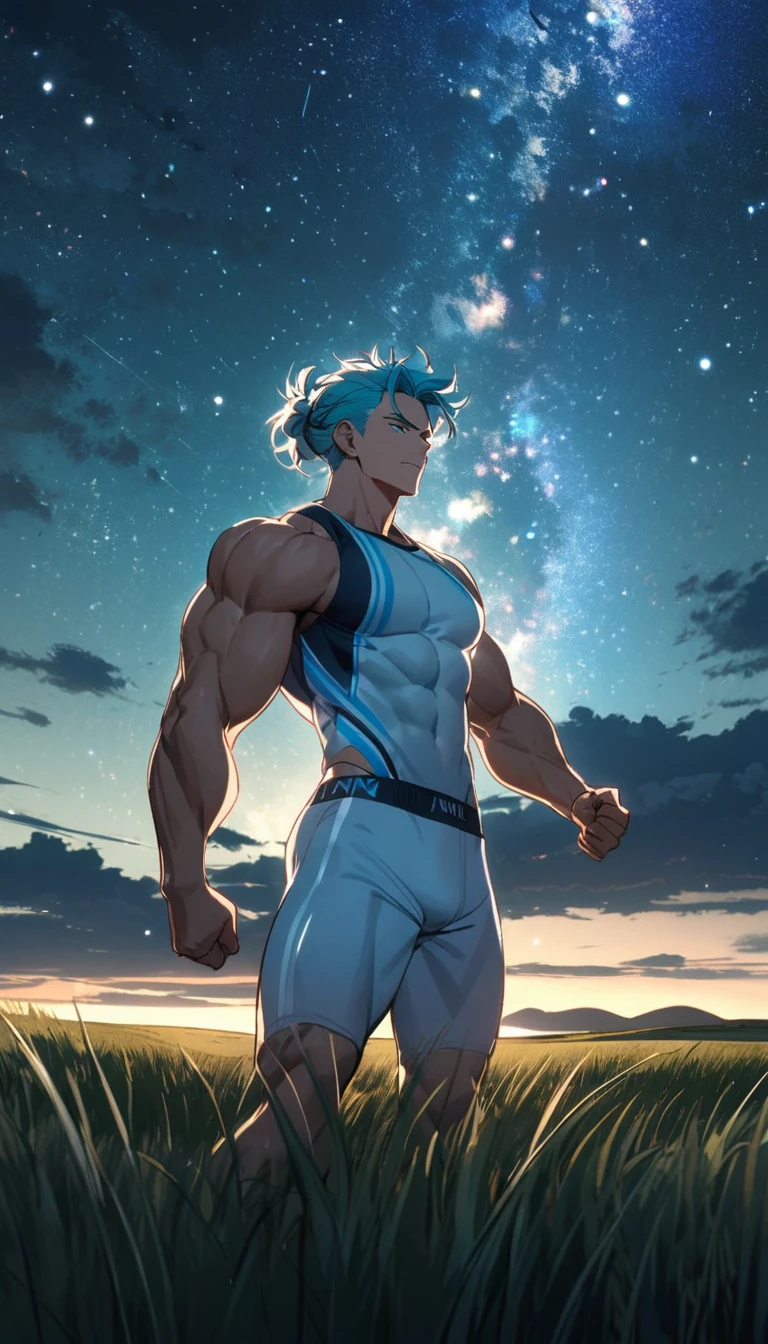 A muscular man wearing a sky blue and white fitness outfit,Cool hairstyle,grassland,Starry Sky