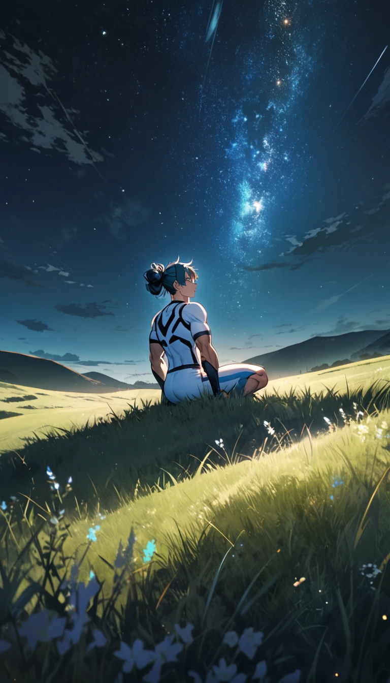 A muscular man wearing a sky blue and white fitness outfit，Cool hairstyle，grassland，Starry Sky
