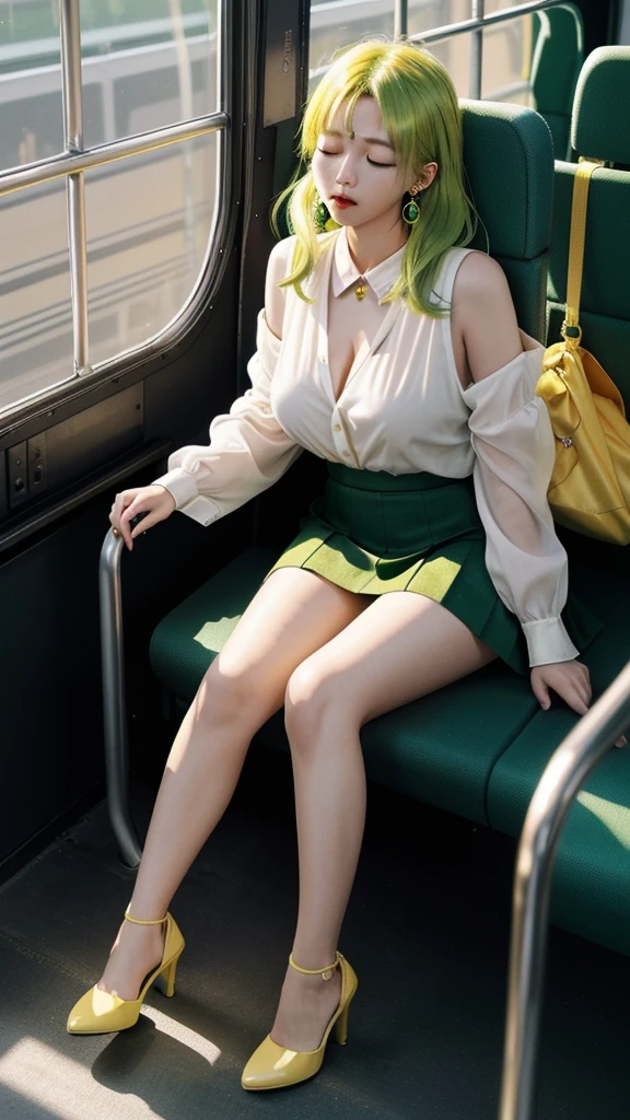 20th generation women,,Clear images、Real women 、Yellow Green Hair, Side Tail 彼女 is fast asleep with his eyes closed and his mouth open., Slender figure ,Breasts are a little bigger than normal , Full body shot from head to toe, Shiny yellow-green high heels、 blouse、mini skirt、Large ring earrings, Sit down in the back of the bus, 、I threw my head back and fell into a deep sleep..,My arms are hanging down. I'm weak and want to sleep..Her knees are open and her underwear is visible., Both feet are on the floor, sleeping face, close your eyes, Mouth wide open and drool、tilt your head back and look up, You can rest your head on the seat and sleep soundly.., Anatomically correct,A composition looking up from directly in front