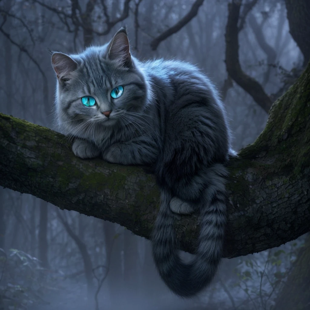 In the midst of the foggy forest, a masterpiece of feline grace rested upon a gnarled tree branch. Its expression was a marvel of mischief, with eyes that shimmered and glowed like captured moonlight. The Cheshire cat's face was flawless, every feature etched with an otherworldly perfection, framed by fur that seemed to ripple and vanish into the mist, its glimmering blue feline eyes illuminates into the fogs. Its wide grin, mischievously broad, hinted at secrets known only to the ancient trees and whispered winds of Wonderland.