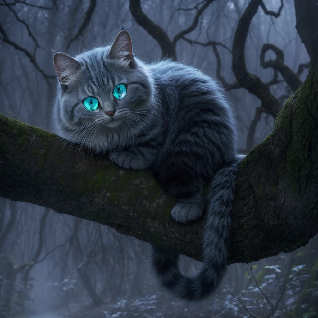 In the midst of the foggy forest, a masterpiece of feline grace rested upon a gnarled tree branch. Its expression was a marvel of mischief, with eyes that shimmered and glowed like captured moonlight. The Cheshire cat's face was flawless, every feature etched with an otherworldly perfection, framed by fur that seemed to ripple and vanish into the mist, its glimmering blue feline eyes illuminates into the fogs. Its wide grin, mischievously broad, hinted at secrets known only to the ancient trees and whispered winds of Wonderland.