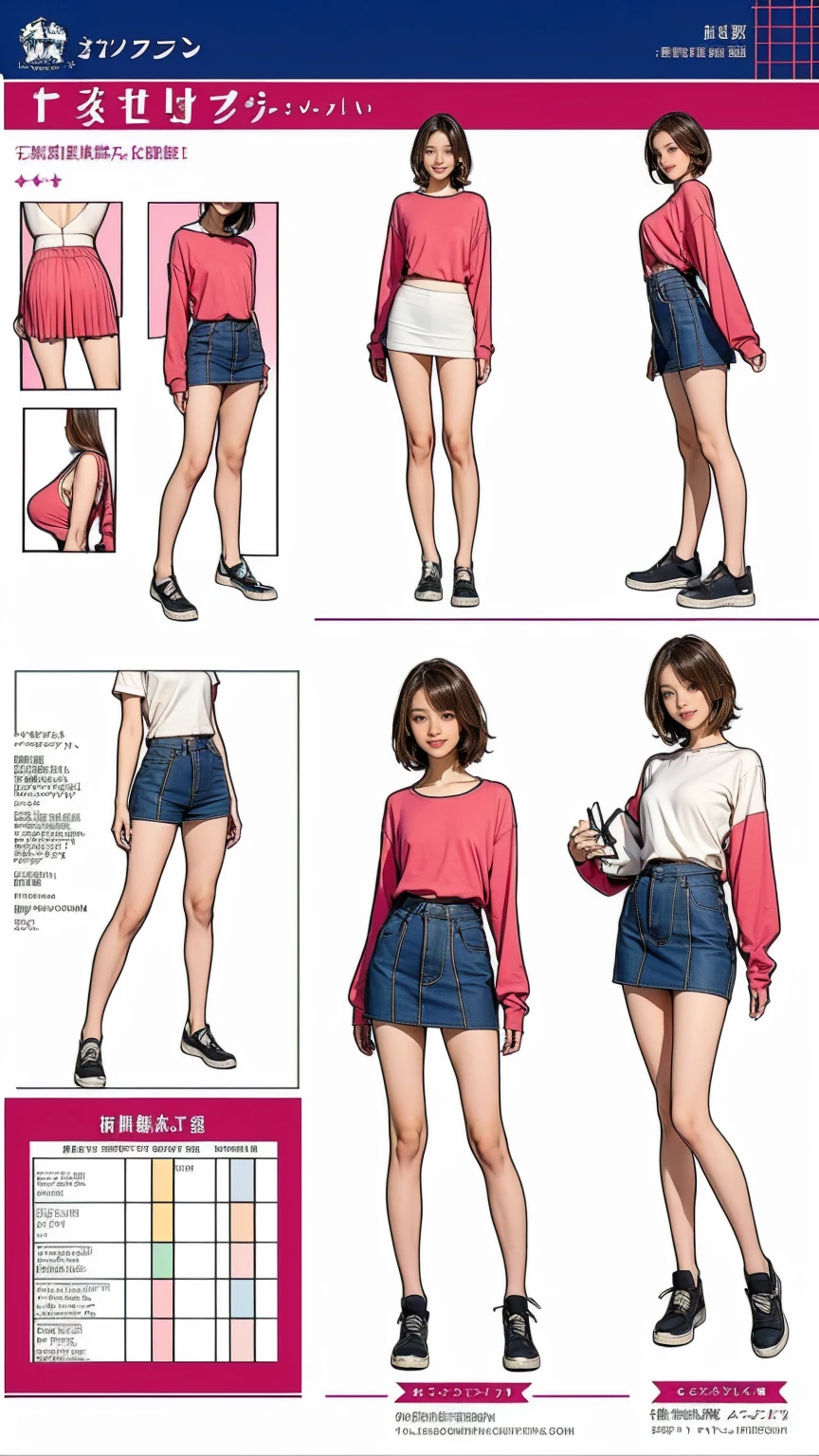 ((masterpiece)),(((Highest quality))),((Character design sheet)),Thin thighs,Long legs,Beautiful woman, 25 years old,Ultra mini skirt,Clothing in Japan's Heisei Era,Long legs:1.5,whole body,Flashy makeup using red eyeshadow,Big smile,Short cut with side waves,whole body,White bra
