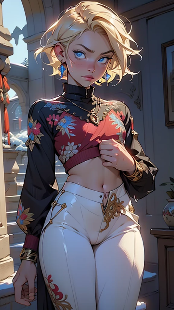 (1child:1.3,1boy:1.5),8-year-old,teenager,femboy, boy,Female physiognomy,little boy,(((little boy,boy,kid,kid only,,1boy,(male gender:1)))),(blonde hair:1.2),short detailed hair,(((blue_eyes:1.3))),intricate eyes,beautiful detailed eyes,symmetrical eyes,big eyes:1.5,'s chest,((kid body,a little chubby,good ,accurate body proportions,detailed  body for young boy,)),flat chest,((fat)),(((lustrous skin:1.5,bright skin: 1.5,skin tanned,shiny skin,very shiny skin,shiny body,plastic glitter skin,exaggerated shiny skin,illuminated skin,wet legs))),(detailed body),

(),

(tiny bulge on pants),Sweatshirt,sweater,(navel),(snowflake necklace), winter clothes,(((intricate outfit,intricate clothes,embroidered outfit,ornate outfit,embroidered clothes,ornate clothes))),

(dynamic pose:1.0),serious and thoughtful,man embarrassed,(centered,scale to fit dimensions,Rule of thirds),

inside,indoor,((cozy gothic room)),scenery:1.25,((intricate scenery)),((winter decorations)),

(Glossy winter ornaments),highres,sharp focus,(ultra detailed,extremely detailed),(photorealistic artwork:1.37),(extremely detailed CG unity 8k wallpaper),(((vibrant colors,vibrant theme))),(intricate),(masterpiece),(best quality),artistic photography,(photography taken by sldr),(intricate background),perfect rendered face,perfect face details,realistic face,photo realistic,analog style,((intricate detail)),(((realism))),
