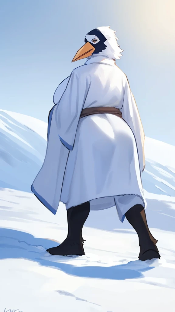By bebebebebe, by lostgoose, by goonie-san, thin 20 foot tall humanoid creature, ((long white flowing yeti robe, bird stork mask, long white beak, long flowing plumage)), standing on a snowy plateau, on a snow-covered a siberian mountain, arctic, cryptozoology, overcast, moody, horror,big booty, big breast