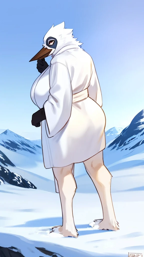 By bebebebebe, by lostgoose, by goonie-san, thin 20 foot tall humanoid creature, ((long white flowing yeti robe, bird stork mask, long white beak, long flowing plumage)), standing on a snowy plateau, on a snow-covered a siberian mountain, arctic, cryptozoology, overcast, moody, horror,big booty, big breast