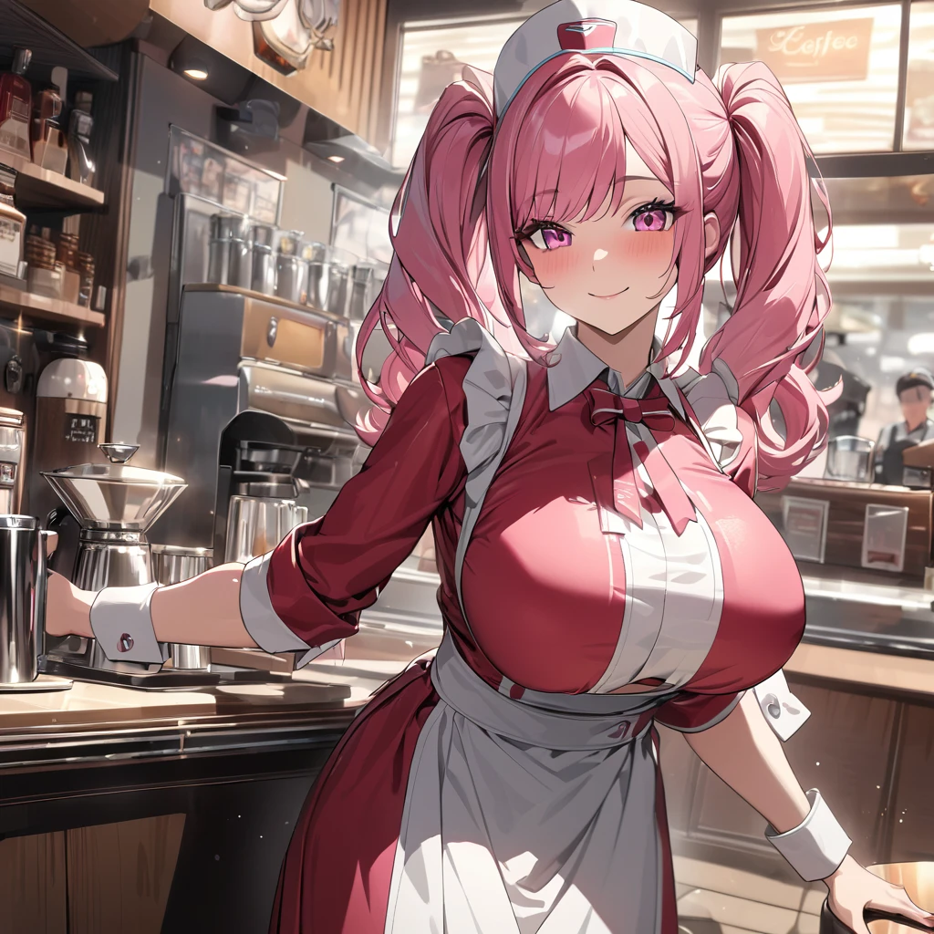 A woman wearing a red 50s waitress uniform with a white stripe, a 50s waitress hat, standing in a very detailed 50s coffee shop, hot pink hair, with silver fringes, gray bangs, multi hair, pink eyes, smiling , big breasts, pigtails.UHD , prime work , accurate , anatomically correct , textured skin , super details , high quality , best quality, 8k, high resolution, bokeh effect. (woman alone)