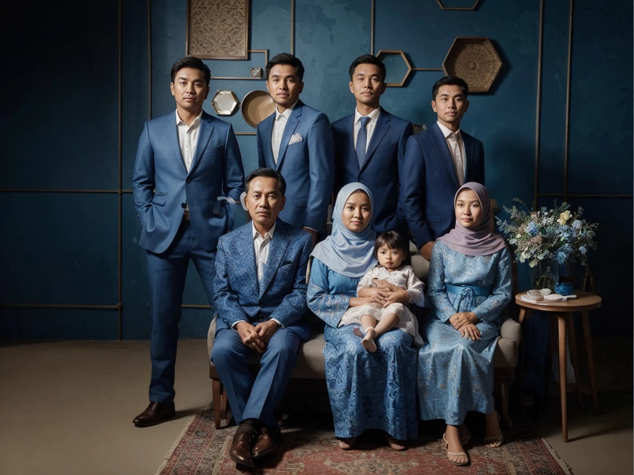 An Indonesian family studio photograph consisting of 8 people, a 57-year-old father and mother sitting in chairs holding a 3-year-old daughter, next to them a 31-year-old woman, behind them there are 3 adult men and a 12-year-old teenager, all dressed in blue formal suits and dresses, background in a studio with blue abstract patterned walls, flower vase, side table, photography, good lighting, fresh colors, 8k, warm family 