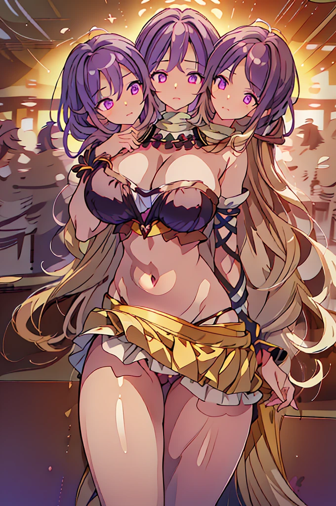 (masterpiece, best quality), best quality, (ultra-detailed), (3heads:1.5), 1girl, (byakuren hijiri:1.3), masterpiece, best quality, ultra quality, ultra resolution, ultra detail, black and white top, crop top, ((stomach)), midriff, ((groin)), black and white skirt, normal ears, shackles, light brown hair that fades to purple at the top, very long hair, wavy hair, sidelocks, hazel eyes, ((very detailed eyes)), parted lips, open belly, sweat, cute, toned belly, hand on own chest, eyelashes, (25 year old woman:1.3), (masterpiece:1.5), (best quality:1.5), (beautiful detailed), extremely detailed CG, extremely delicate and beautiful, depth of field, (finely detailed face), (perfect details:1.2), (mature female:1.3), wide pelvis, slender, large veiny breast, 16k resolution, highres, very high quality, very high definition, extremely detailed, masterpiece, light brown hair that fades to purple at the top hair, long hair, alluring presence, braid, short skirt, close up, very big tits, huge tits, young, nsfw,