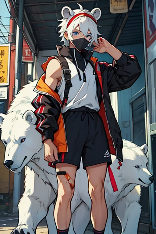 Small young man white hair blue eyes with polar bear ears black face mask purple sleeveless shirt black shorts brown cap brown jacket with hair clips with scars and band-aids on his body 