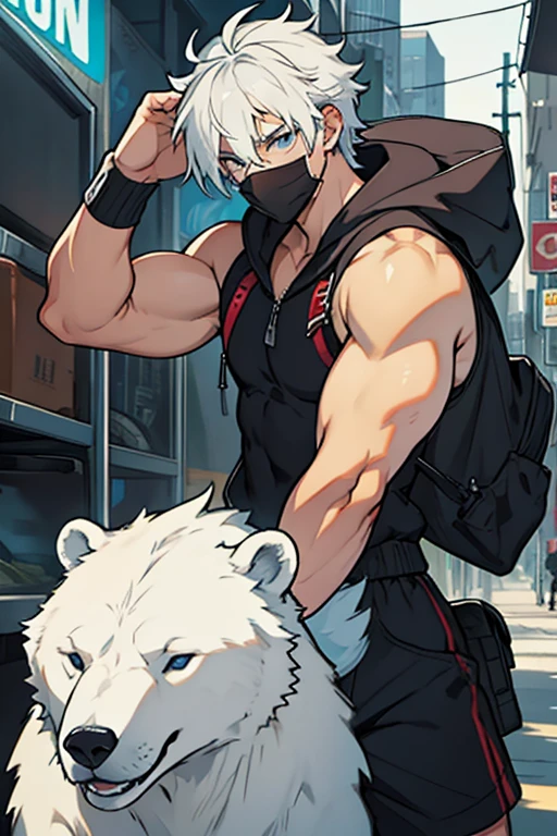 Small young man white hair blue eyes with polar bear ears black face mask purple sleeveless shirt black shorts brown cap brown jacket with hair clips with scars and band-aids on his body 