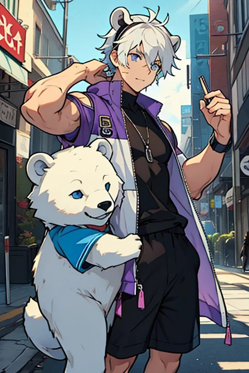Small young man white hair blue eyes with polar bear ears black face mask purple sleeveless shirt black shorts brown cap brown jacket with hair clips with scars and band-aids on his body