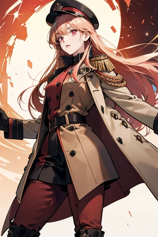 she has shaggy shoulder-length strawberry blond hair and pale skin, reddish-pink eyes, . Her military uniform consists of a woolen overcoat, dark breeches, tall laced boots, and a small bowler hat with ribbons attached to it. SPARKLE; GLITTER