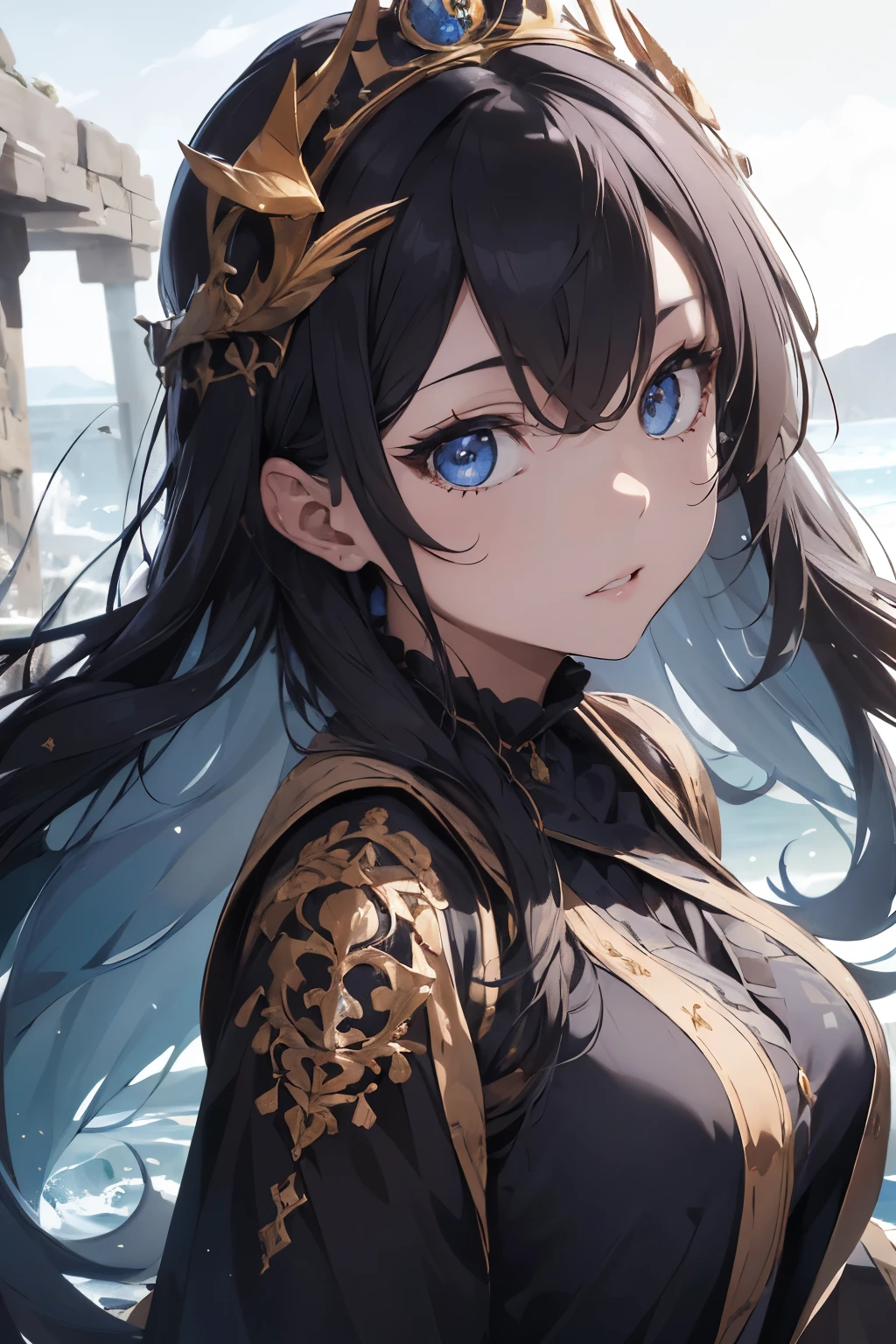 absurdrez, ultra detali, high qualiy, work of art, face detailed, gorgeous eyes(detailedeyes), greek mithology, goddess, hera , the queen of the gods, impressive and captivating, features are classically beautiful, with high cheekbones, a face of perfect proportions, eyes portrayed as large and captivating, keep an intense gaze, golden hair , Gole hair is lush and flowing, cascading down the coast in waves,wearing elegant robes adorned with intricate patterns ,Your beauty is not only superficial, but embodies the essence of power, autoridade, and royalty.