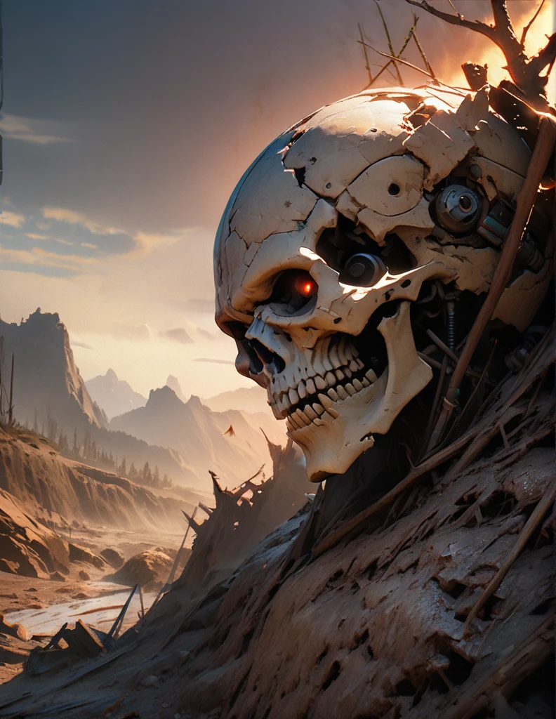 quality(8k wallpaper of extremely detailed CG unit, masterpiece, hight resolution, top-quality, top-quality real texture skin,hyper realisitic, digitial painting,increase the resolution,RAW photos,best qualtiy,highly detailed,the wallpaper),BREAK,8K, Girl standing in dark, dirty black dress, long white hair covers her face, mist, broken trees and messed landscape, skulls, skeletons, rats, horror scene, blood