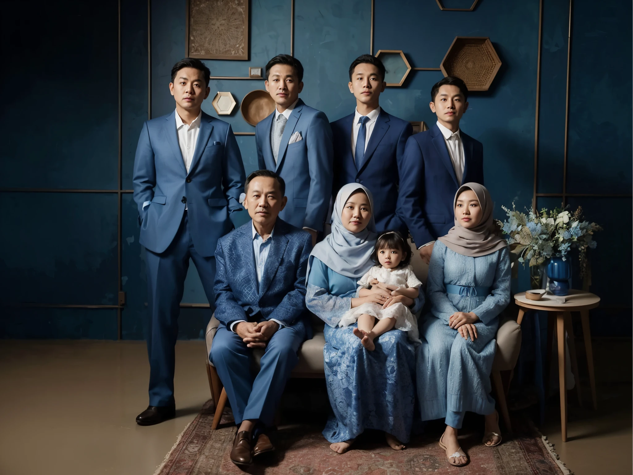 An Indonesian family studio photograph consisting of 8 people, a 57-year-old father and mother sitting in chairs holding a 3-year-old daughter, next to them a 31-year-old woman, behind them there are 3 adult men and a 12-year-old teenager, all dressed in blue formal suits and dresses, background in a studio with blue abstract patterned walls, flower vase, side table, photography, good lighting, fresh colors, 8k, warm family 