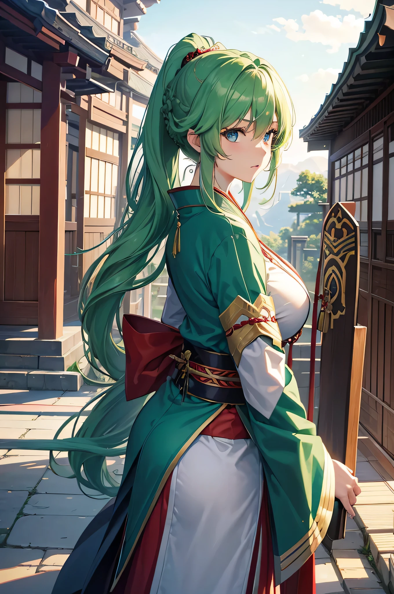 4K,High resolution,One Woman,Green Hair,Long Ponytail,Braid,blue eyes,Big Breasts,Shrine maiden,White Shrine maiden outfit,Removable sleeves,Jewelry decoration,Japanese sword,City of the Future