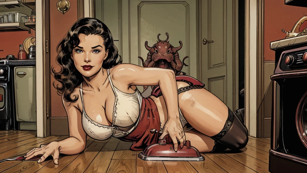 The vintage advertisement initially presents an idealized, if slightly risqué, vision of 1950s domesticity and femininity. In the foreground, a shapely young housewife strikes an alluring pin-up pose, reminiscent of bombshells like Bettie Page. She wears a fitted shirtdress with the front few buttons tantalizingly undone, accentuating her ample bust.
The skirt is hiked up to mid-thigh, putting the housewife's garter belt, stockings, and shapely legs on full display as she leans over an old vacuum. One hand rests on a cocked hip, while the other grips the vacuum handle in a suggestive manner. With a coy expression and pursed red lips, her chestnut hair is styled in bouncy curls framing her made-up face.
However, the idyllic domestic scene is shattered by an unmistakable cosmic horror lurking just behind the oblivious housewife. Visible through the open doorway of her cheerful kitchen, a grotesque, multi-tentacled monstrosity is busy wrecking the room.
Countless phallic appendages whip through the air, smashing cherry-red accessories and upending the checkerboard tiles. A deformed tentacle, lined with serrated fangs, snakes perilously close to the housewife's stockinged calves. Putrid ooze and radioactive flesh sloughs from the creature's pulsating form.
But the pin-up model remains locked in her sultry pose, seemingly unaware of the literal kitchen nightmare unfolding behind her. The vacuum looks comically inadequate against the spawning alien abomination.
The lurid text overlay reads: "Maybelle's Cleaners: They'll Keep a Housewife's Pins-Up...Even Against Tentacled Terrors!" The tagline celebrates the era's sexualized housewife ideals while making a cheesy nod to atomic-age sci-fi horror.