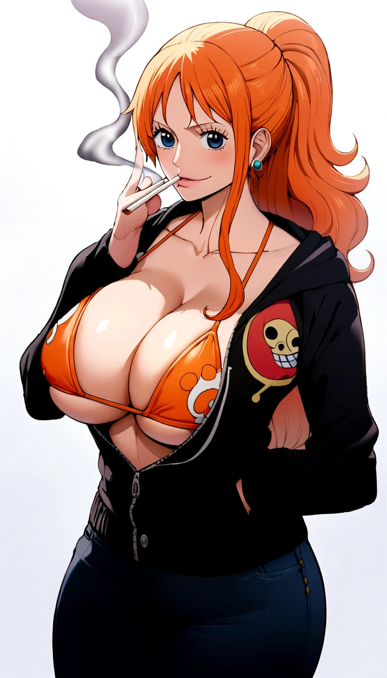 a cartoon picture of a woman in a bikini top and jeans, nami one piece, nami from one piece, nami, beautiful portrait of nami, from one piece, oppai, blue eyes, smoking, ponytail