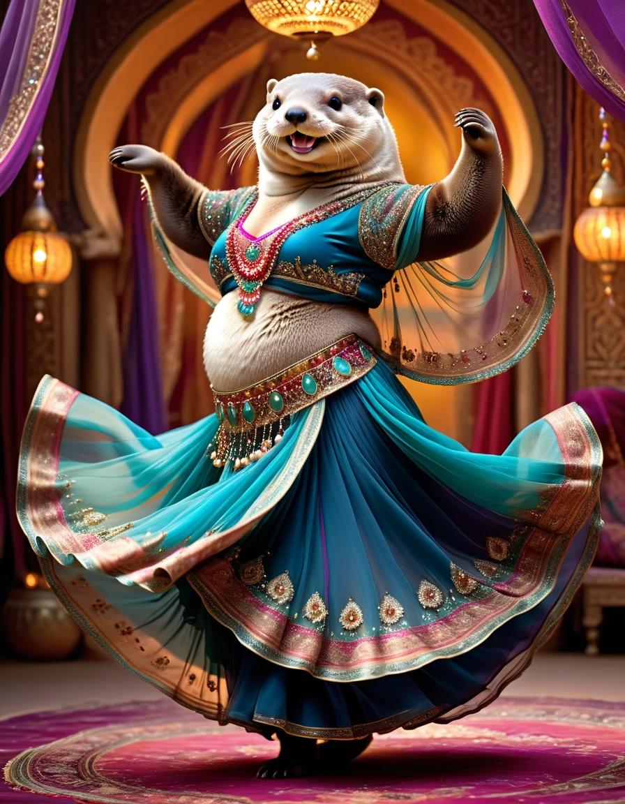 photorealistic portrait of Dressed animals - a ((fat)) ((otter)) dancer,(furry), (dynamic dancing:2.0), (swinging arms :2.0),(smile:1.5),high quality,(happy),(lovely) ,intricate details, (sheer veil), highly detailed (( gypsy belly dancing clothes)) ,highly detailed decorations of clothes, Wearing gypsy belly dancing clothes, , (happy), soft lighting,(full body image:1.5),Arabian palace background,(viewed from side:2.0),
