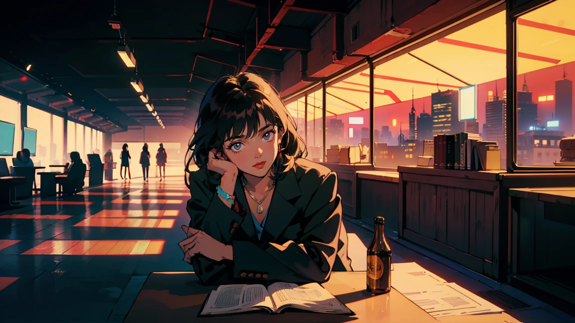 Office at night, Beautiful Asian woman leaning on a desk, City night view from the window, Perfect Face, smile, TaylorMade, Melancholy, Neon Black, (Backlight: 1.1), A scene from a movie, Hard Shadows, masterpiece, Highest quality, Complex, Model shooting style, Vintage, Film Grain, Blue tones, Wide Shot