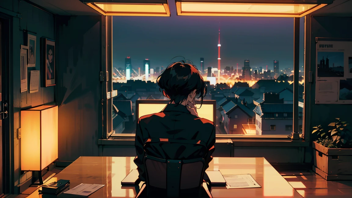 Office at night, Beautiful Asian woman leaning on a desk, City night view from the window, Perfect Face, smile, TaylorMade, Melancholy, Neon Black, (Backlight: 1.1), A scene from a movie, Hard Shadows, masterpiece, Highest quality, Complex, Model shooting style, Vintage, Film Grain, Blue tones, Wide Shot