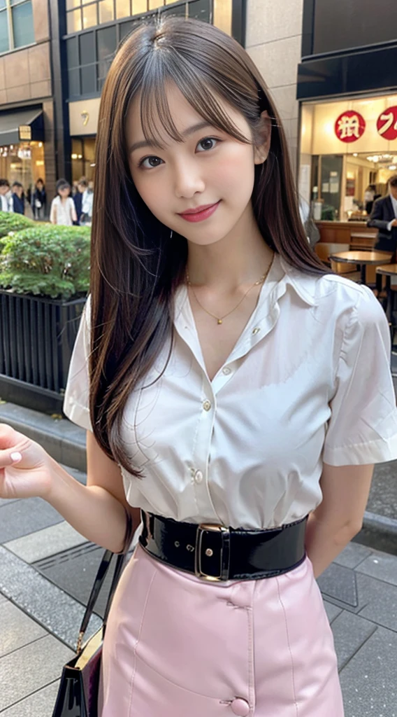 Tabletop、Highest quality、Genuine、Very detailed、finely、High resolution、8k wallpaper、One beautiful woman、light brown disheveled hair、Sharp focus、Perfect dynamic composition、Beautiful and detailed、Thinning hair、詳細なGenuineな肌の質感、smile、Close-up portrait、Model Body Type、smile、29-year-old Japanese woman、White shirt、Purple Skirt、Black Patent Leather Belt、necklace,tote bag,Straight Long Hair, Center of , Natural color lip, Random  poses,In front of a cafe near Tokyo Station,The whole body is shown,Anatomically correct body