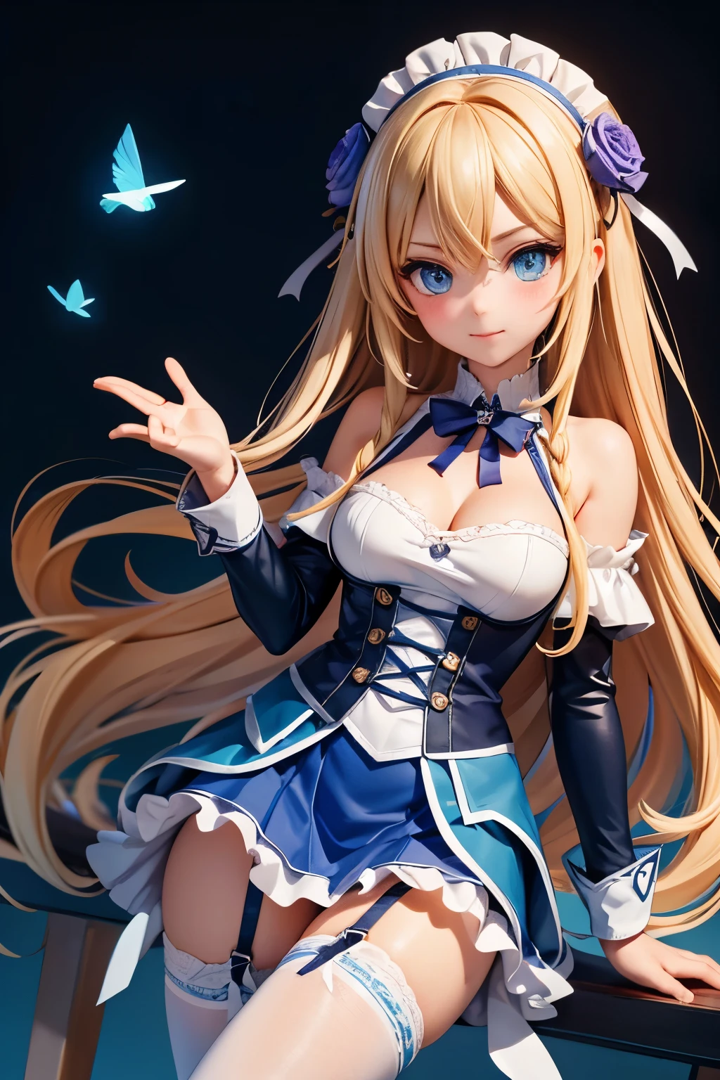 best qualityer,highy detailed,work of art,ultra detali,illustration,hair blonde ,hair ornament,stare,hinterland,incredibly_absurderes,1 girl,medium chest,Blushing Nose ,realisitic,long hair,summer_don,ribbons-garter,bishoujo,waving sv98
