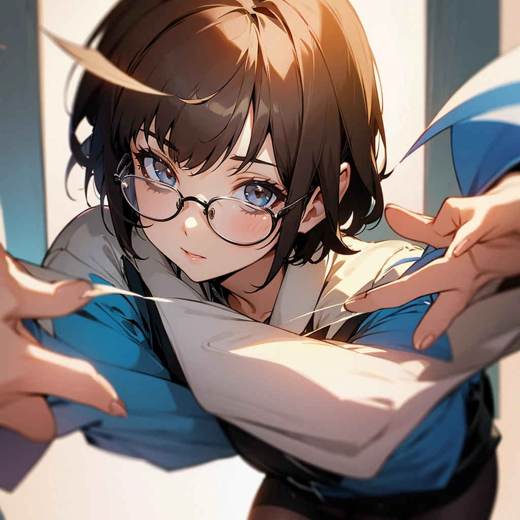 Brunette girl with glasses short hair 