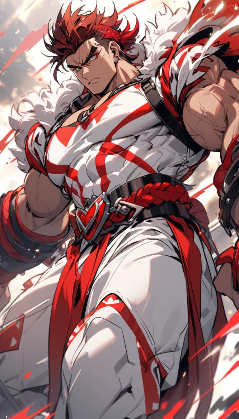 A muscular man in a red and white outfit，Cool hairstyle