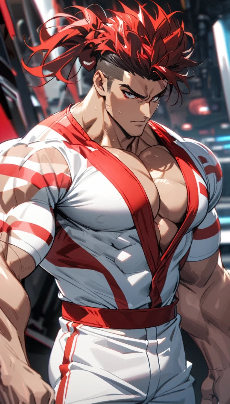 A muscular man in a red and white outfit，Cool hairstyle
