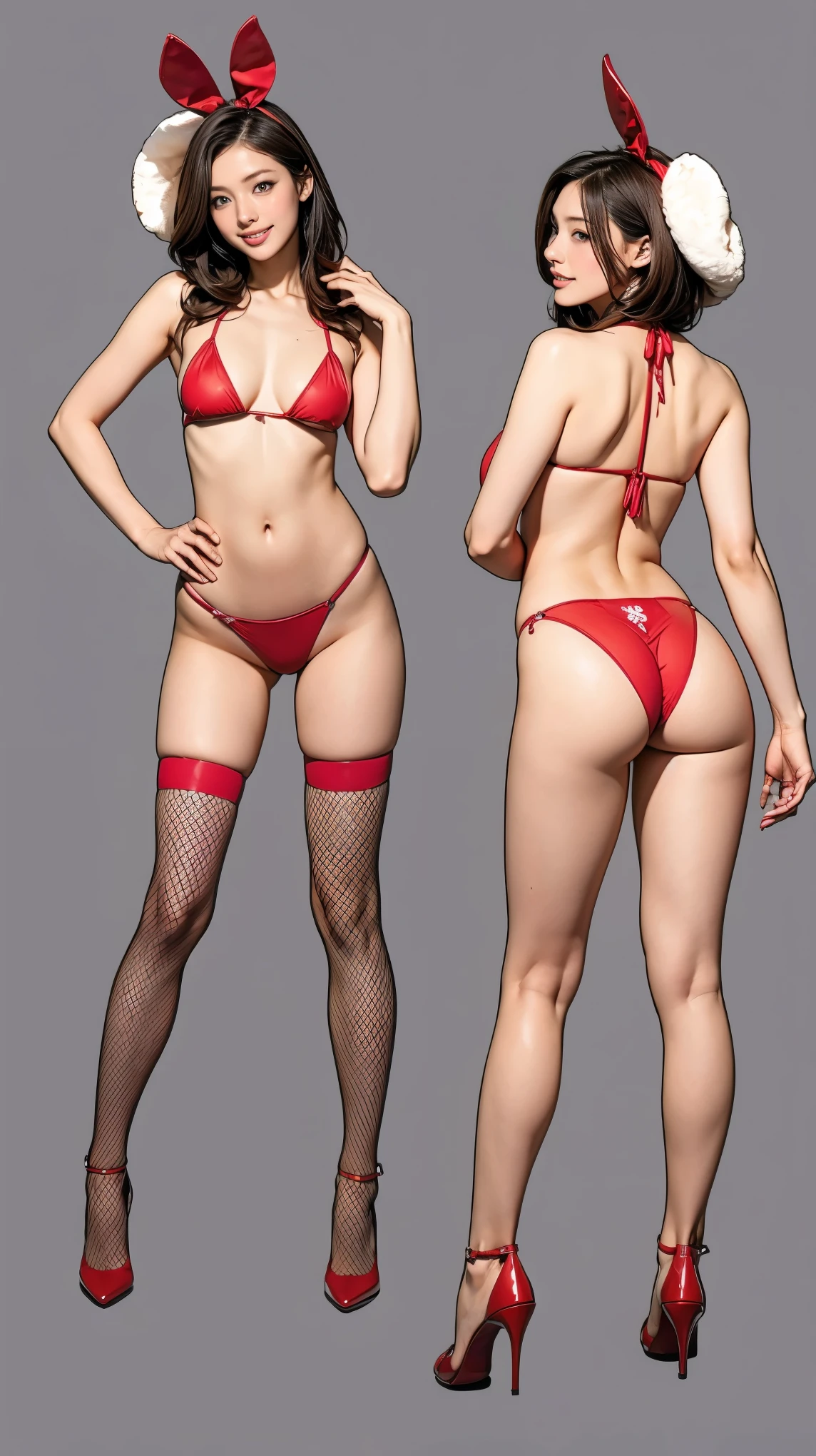 ((masterpiece)),(((Highest quality))),((Character design sheet)),Thin thighs,Long legs,Bunny girl:1.5，Wearing red fishnet stockings:1.5，The best smile:1.5，Full Body Shot:1.5，Gray background:1.5，Wearing red high heels:1.5，All Nude:1.5，Red micro bikini:1.5