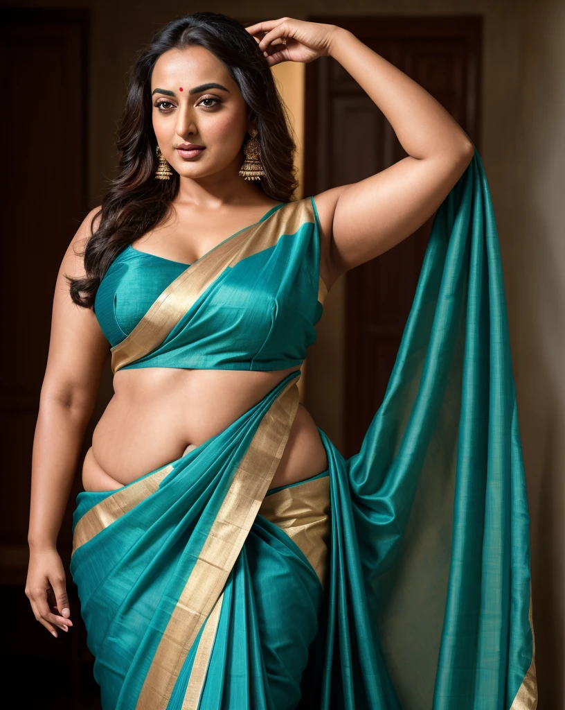 Foto RAW, photorealistic, photography, full body shot, master shot, perfect eyes, goddess like beauty, pierced eyes, perfect thick chubby mallu Desi aunty bhabhi, Wearing a Stanapatta, a chest-band.Saree model, model Photography,((saggy breast)), Indian saree shoot, Indian traditional wear advertising photography, traditional wear brand shoot, face of Indian actress Sonakshi Sinha, masterpiece, realistic, realism, incredible details, pleasure, photorealism, detailed skin, skin pores, high contrast, photorealistic Artstation 8k HD digital art trend of high definition and detailed realistic skin texture, ultra detail, realistic skin texture, armature, best quality, ultra high definition, (photorealistic:1.4),, high resolution, detail, raw photo, sweat, Re sharp, by Lee Jefferies Nikon D850 Film Stock Photo 4 Kodak Portra 400 Camera F1.6 Lens Rich Color Ultra Real Realistic Realistic Textures Dramatic Lighting Unreal Engine Trending at Art Station Cinestill 800,(pele altamente detalhada: 1.2), 8k UHD, DSLR, soft-lighting, alta qualidade, grain of film, Fujifilm XT3,she didn't like to wear blouse or bra, she is happy to wear only saree, she hates blouse or bra, detailed hairy armpits, hyper realistic skin, skin pores, sweat, veins, ((fatty))