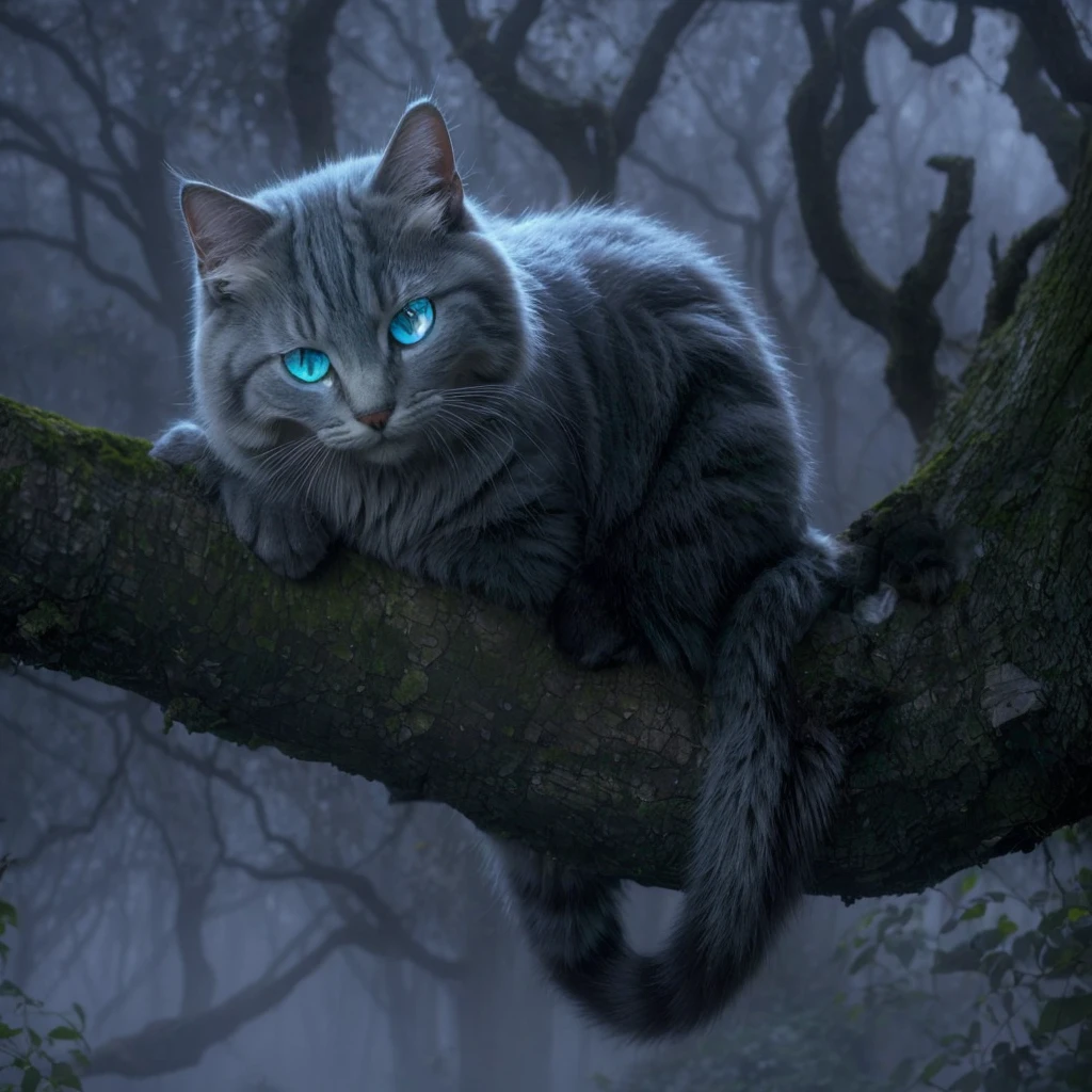 In the midst of the foggy forest, a masterpiece of feline grace rested upon a gnarled tree branch. Its expression was a marvel of mischief, with eyes that shimmered and glowed like captured moonlight. The Cheshire cat's face was flawless, every feature etched with an otherworldly perfection, framed by fur that seemed to ripple and vanish into the mist, its glimmering blue feline eyes illuminates into the fogs. Its wide grin, mischievously broad, hinted at secrets known only to the ancient trees and whispered winds of Wonderland.