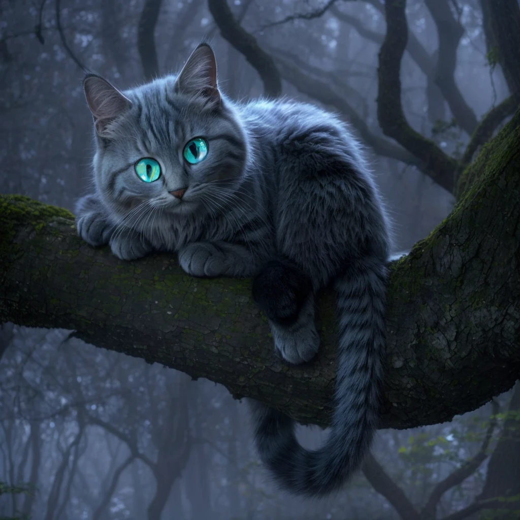 In the midst of the foggy forest, a masterpiece of feline grace rested upon a gnarled tree branch. Its expression was a marvel of mischief, with eyes that shimmered and glowed like captured moonlight. The Cheshire cat's face was flawless, every feature etched with an otherworldly perfection, framed by fur that seemed to ripple and vanish into the mist, its glimmering blue feline eyes illuminates into the fogs. Its wide grin, mischievously broad, hinted at secrets known only to the ancient trees and whispered winds of Wonderland.
