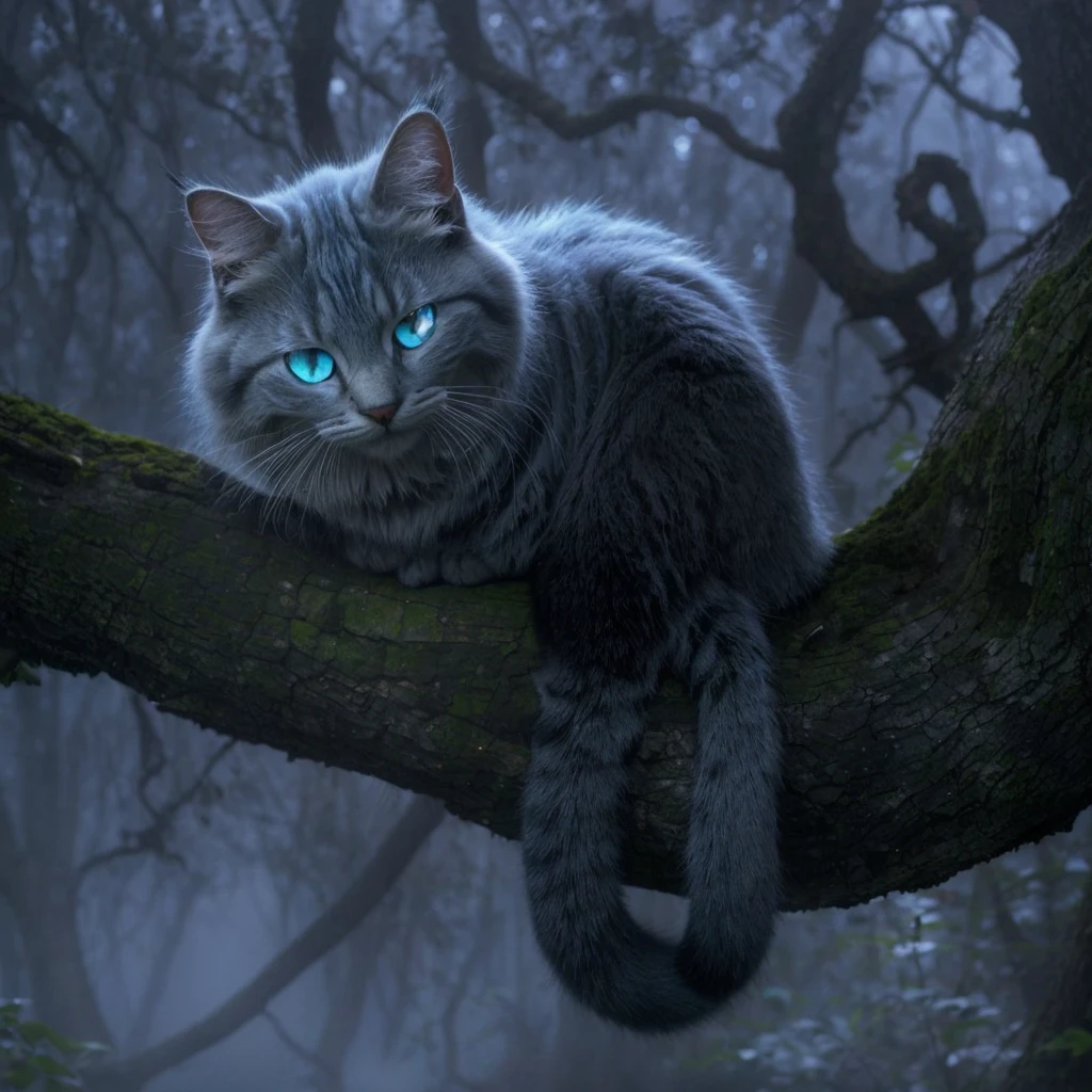 In the midst of the foggy forest, a masterpiece of feline grace rested upon a gnarled tree branch. Its expression was a marvel of mischief, with eyes that shimmered and glowed like captured moonlight. The Cheshire cat's face was flawless, every feature etched with an otherworldly perfection, framed by fur that seemed to ripple and vanish into the mist, its glimmering blue feline eyes illuminates into the fogs. Its wide grin, mischievously broad, hinted at secrets known only to the ancient trees and whispered winds of Wonderland.