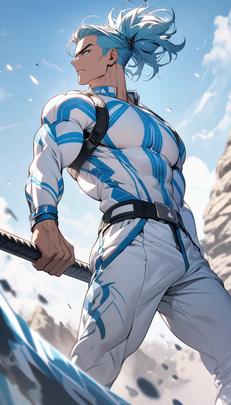 A muscular man wearing a sky blue and white outfit,Cool hairstyle