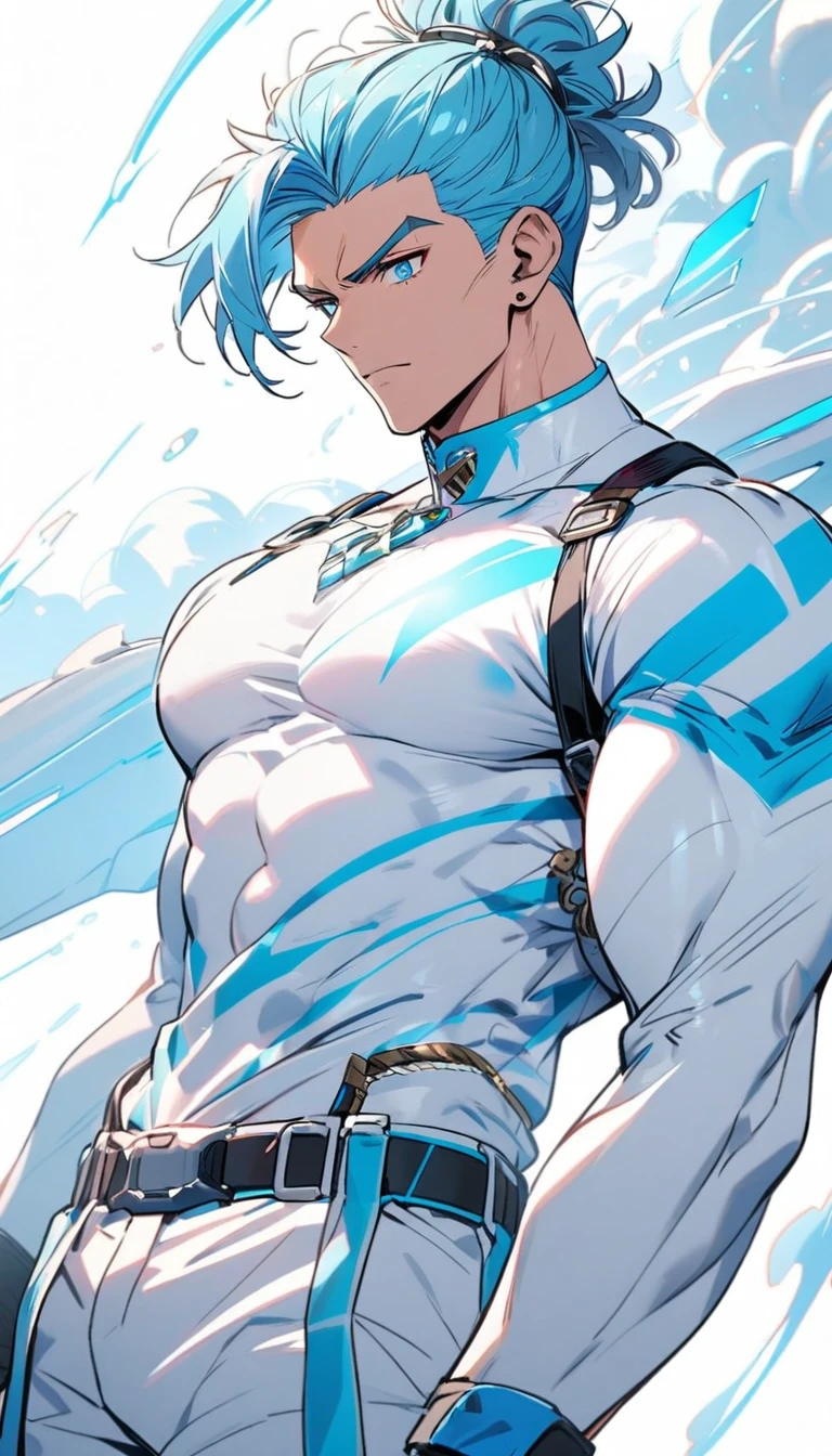 A muscular man wearing a sky blue and white outfit,Cool hairstyle