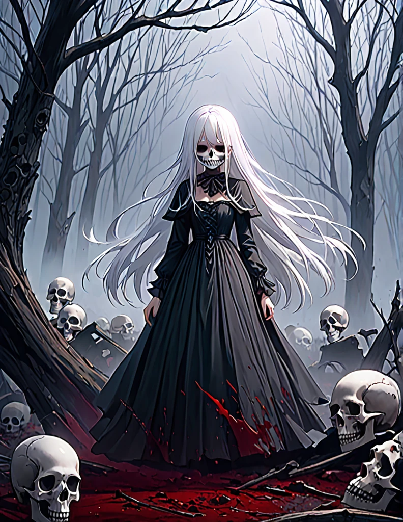 quality(8k wallpaper of extremely detailed CG unit, masterpiece, hight resolution, top-quality, top-quality real texture skin,hyper realisitic, digitial painting,increase the resolution,RAW photos,best qualtiy,highly detailed,the wallpaper),BREAK,8K, Girl standing in dark, dirty black dress, long white hair covers her face, mist, broken trees and messed landscape, skulls, skeletons, rats, horror scene, blood