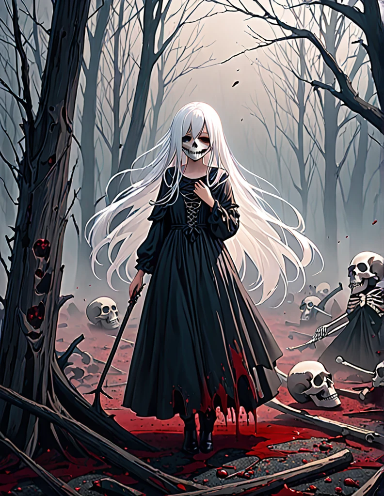 quality(8k wallpaper of extremely detailed CG unit, masterpiece, hight resolution, top-quality, top-quality real texture skin,hyper realisitic, digitial painting,increase the resolution,RAW photos,best qualtiy,highly detailed,the wallpaper),BREAK,8K, Girl standing in dark, dirty black dress, long white hair covers her face, mist, broken trees and messed landscape, skulls, skeletons, rats, horror scene, blood