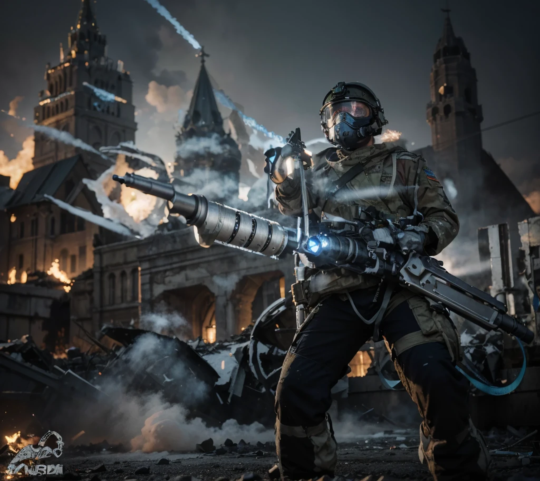white camouflage military uniform soldier with blue details, advanced aviator helmet with blue visor and air mask with tubes, metal bulletproof armor, tubes and cables, futuristic silver-colored heavy weapon, background of the image, cathedral of Saint Basil's, Moscow burned down, lots of smoke, this tanks, dark colors, rubble, Ultra detailed, Hyper realistic, 4k, Ultra detailed image, realistic, Highly detailed, perfect composition, beautiful intricately detailed, incredibly detailed, 8K fine art photography, hyper detailed, Masterpiece