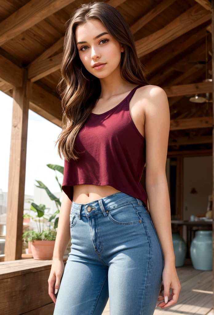 An image of a young woman with medium-length brown hair. She is standing with her body slightly turned to the left, her left hand on her hip, and her right arm relaxed at her side. Her posture is confident and casual. She wears a loose maroon tank top and fitted blue jeans with a slight distressed detail. The lighting is bright and natural, with an out-of-focus background that suggests an airy outdoor or indoor space.