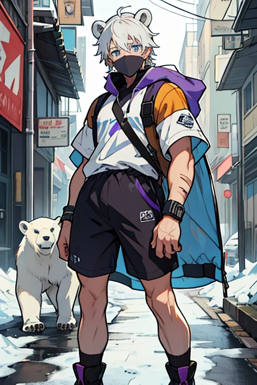 Small young man white hair blue eyes with polar bear ears black face mask purple sleeveless shirt black shorts brown cap brown jacket with hair clips with scars and band-aids on his body 