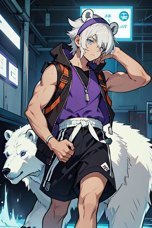Small young man white hair blue eyes with polar bear ears black face mask purple sleeveless shirt black shorts brown cap brown jacket with hair clips with scars and band-aids on his body