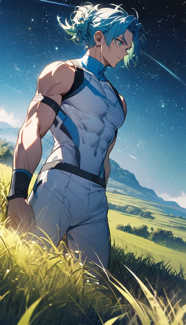 A muscular man wearing a sky blue and white fitness outfit,Cool hairstyle,grassland,Starry Sky
