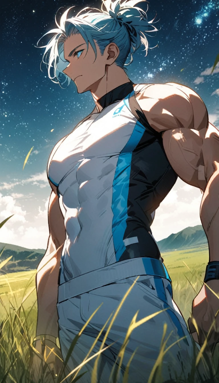 A muscular man wearing a sky blue and white fitness outfit,Cool hairstyle,grassland,Starry Sky
