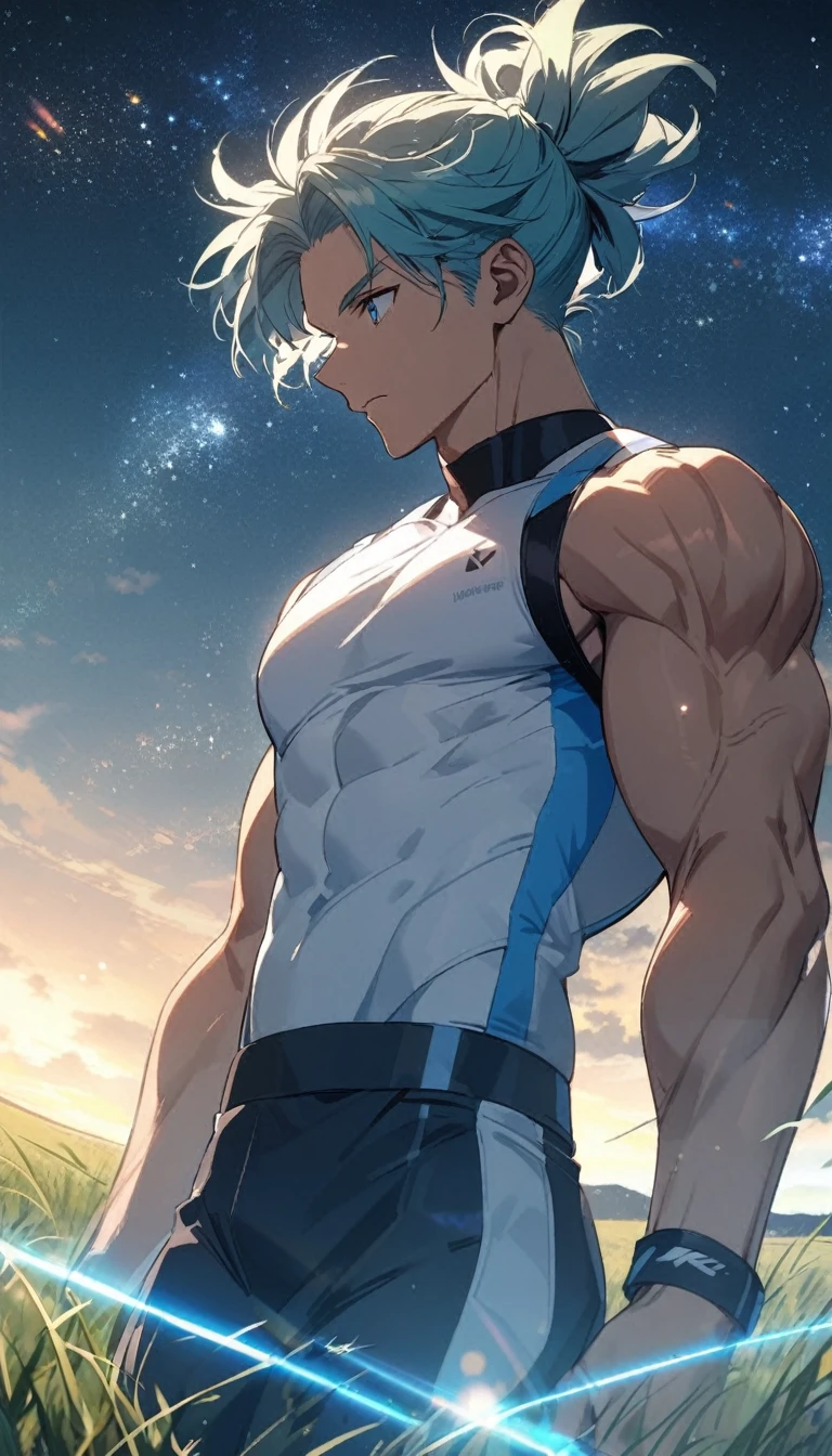 A muscular man wearing a sky blue and white fitness outfit,Cool hairstyle,grassland,Starry Sky