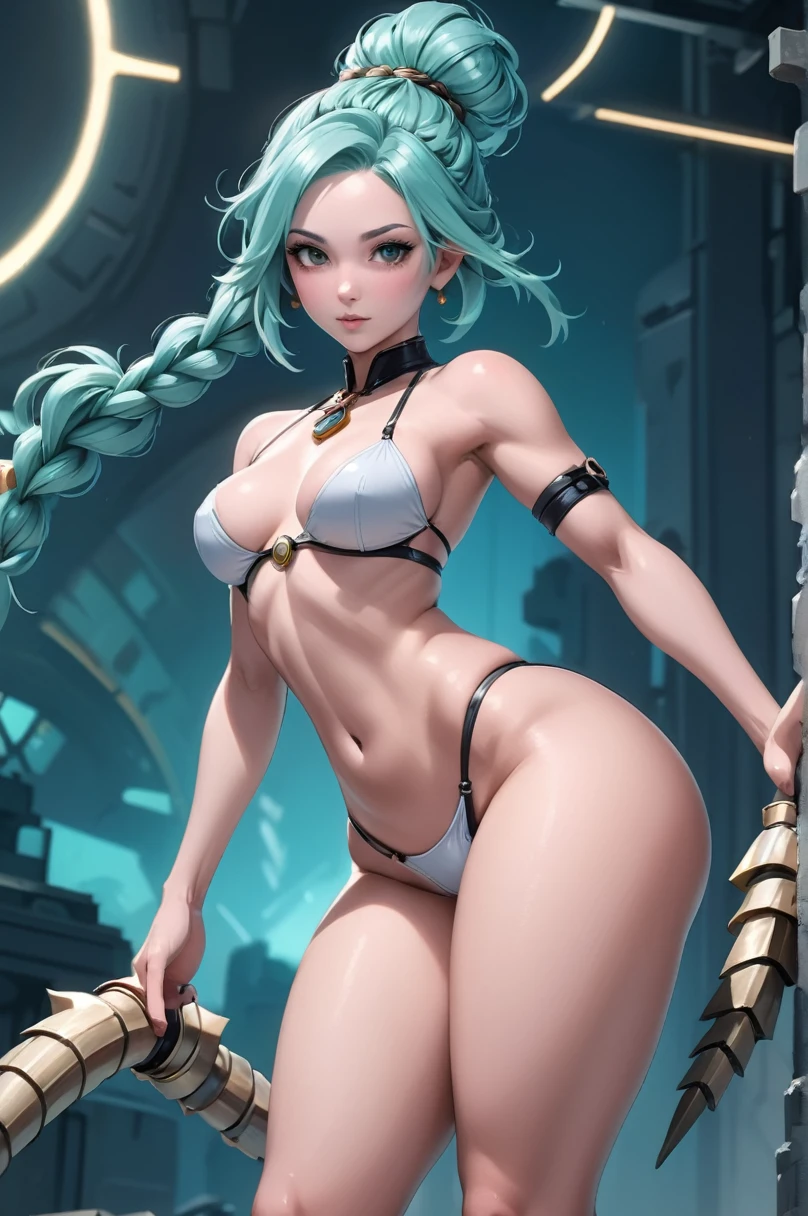 anime styling, digitalpainting, 1 girl, Woman, fierce sci-fi barbarian shaman, (muscular:1.3), fur armor, walking sticks, muted aqua hair, Layered cut,side braid, full scorpion, bombastic hair, russet hair, French braids,Infinity braid, slender figure, narrow waisted, ass pressed together, medium breasts, caucasiano, (midi, scenario, "no Splashing Liminal Galaxy":1)